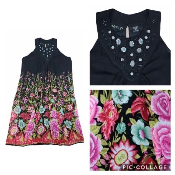 Lola P. Chiffon Shift Colorful Floral Black Dress Embellished Neck Pullover XL - Picture 2 of 10